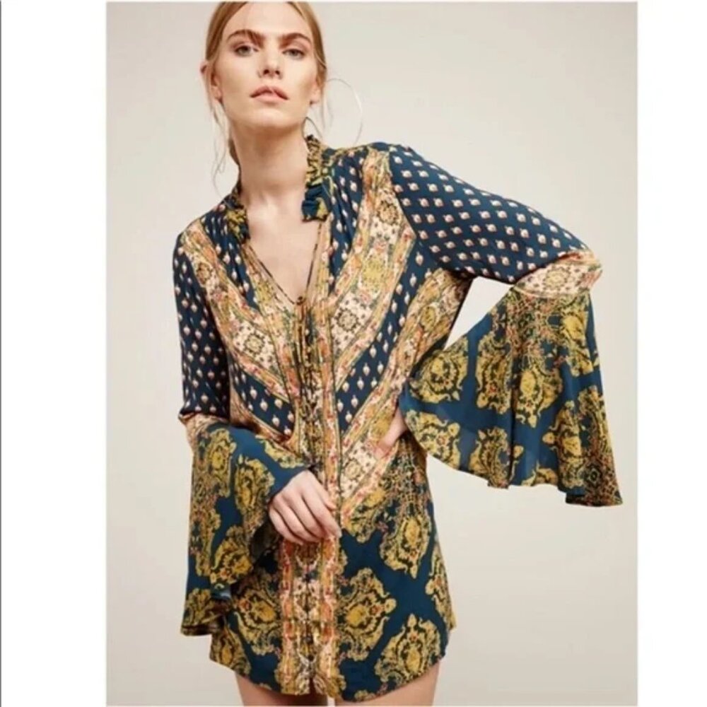 Free People Magical Mystery Trumpet Sleeve Tunic Blouse Size S EUC Boho Festival